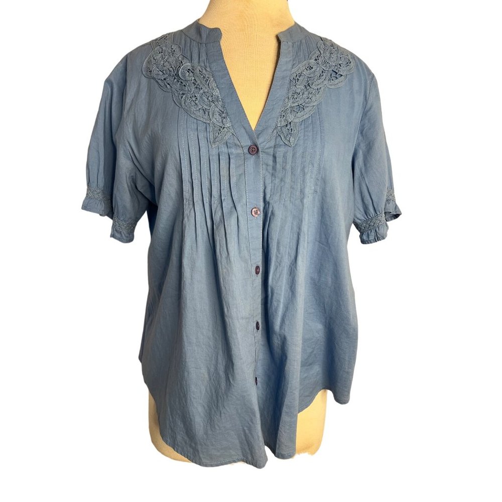 Take two clothing company blouse 14 blue short sleeve V-neck cotton button up - Picture 2 of 16